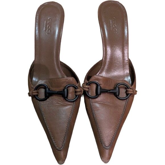 Gucci Vintage Tom Ford Era Brown Leather Black Horsebit Kitten Heel Mule Sz 7 B - Picture 1 of 8